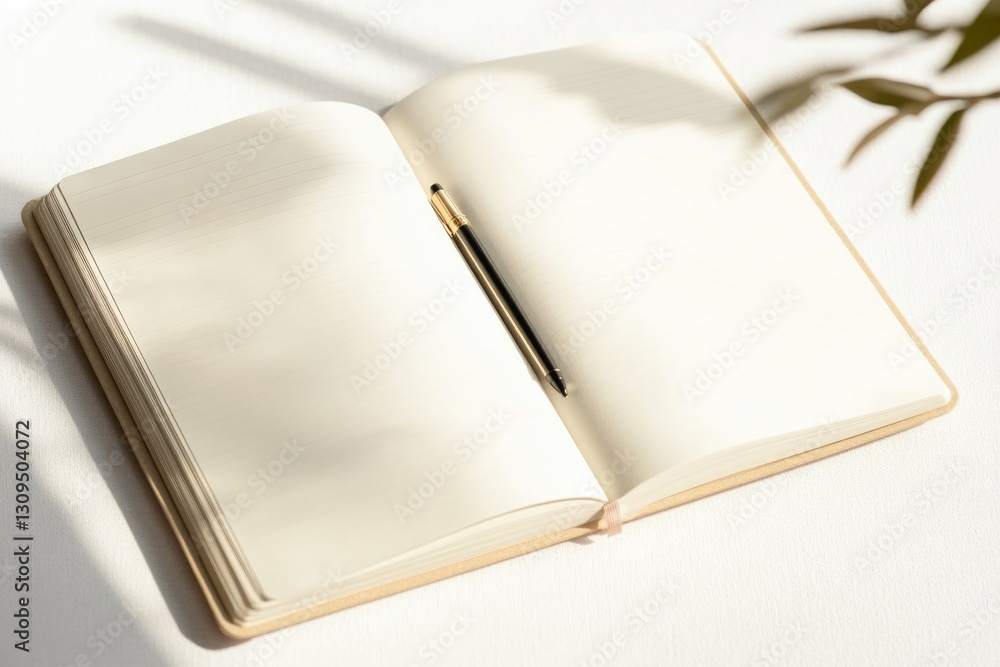 Aufkleber close-up of open notebook with pen resting on blank pages with ample copy space for text or design e