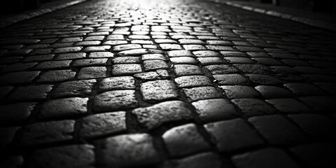A dark alleyway with wet, cobblestone surface reflecting moonlight.