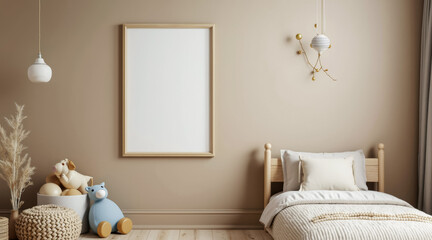 child's bedroom interior with wooden bed and neutral colors