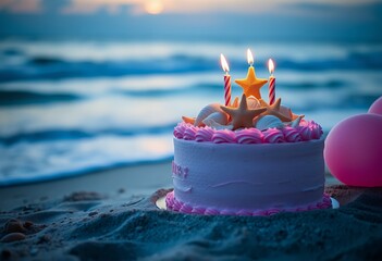 Birthday Cake with Candles and Starfish on Beach at Sunset