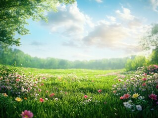 Fototapeta premium A serene, colorful spring meadow blooming with a variety of wildflowers and grasses under a clear sky.