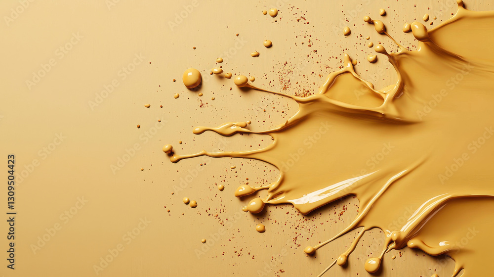 Poster golden paint splash on smooth surface, creating artistic effect