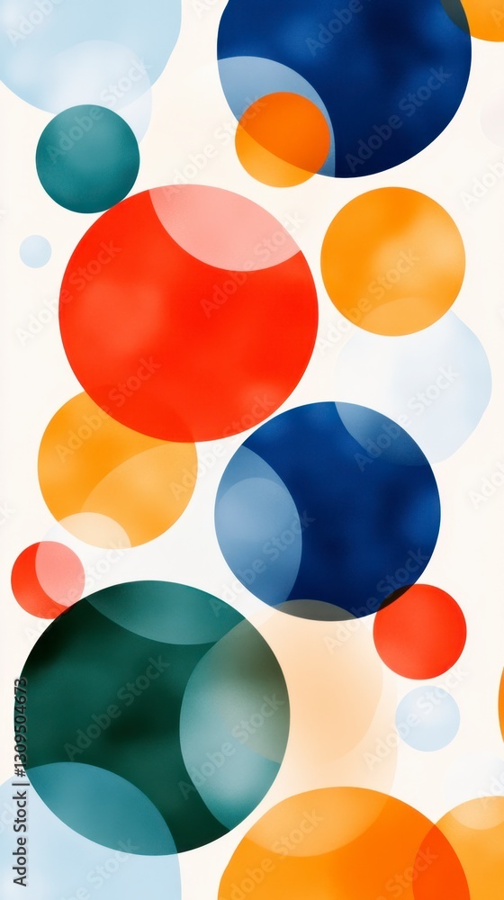 Poster abstract art featuring colorful overlapping circles in red, orange, blue, and green hues on a white 