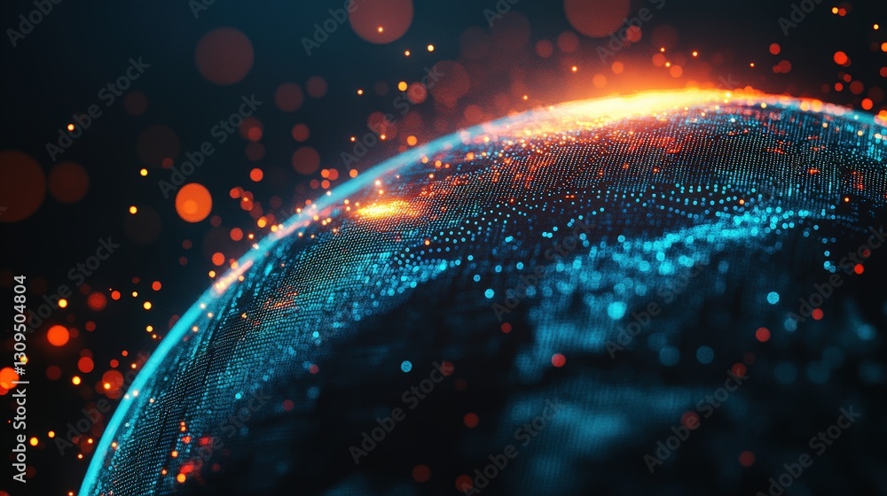 Poster globe with glowing dots, illustrating global connectivity and data flow.