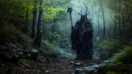 Celestial being's journey through enchanted forest fantasy scene mystical environment atmospheric viewpoint