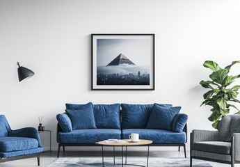 Modern living room interior design featuring a framed print of the Egyptian pyramid over a cityscape.