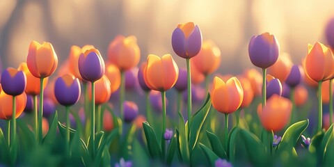 3d background minimalistic mockup with space for text, vivid orange and purple tulips blooming in a soft-focus meadow