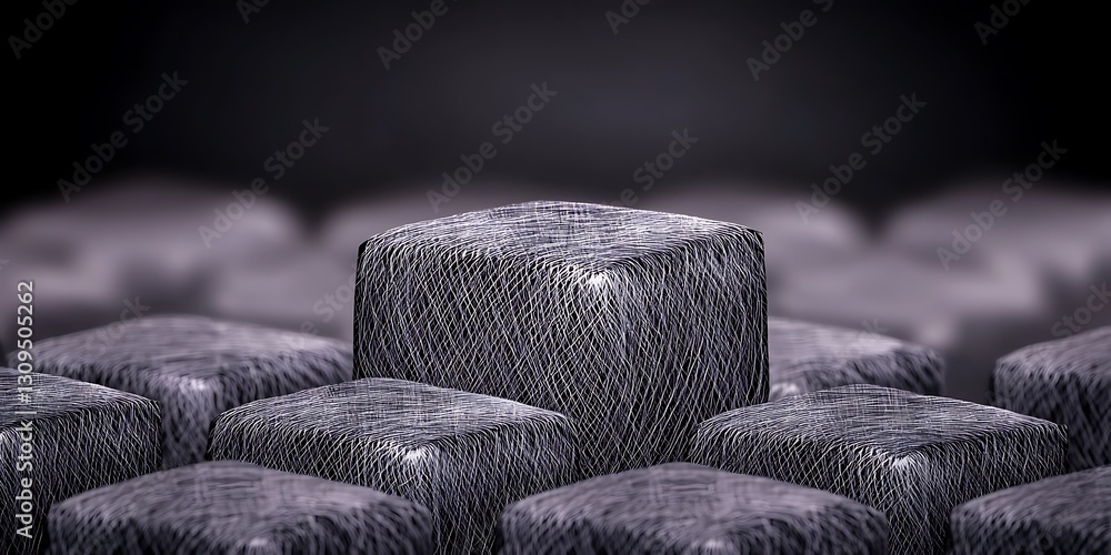 Poster close-up of textured cubes arranged in a pattern, showcasing depth and shadow in a dark setting