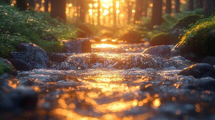 Sunlit Forest Stream Flows Over Rocks with Golden Reflections