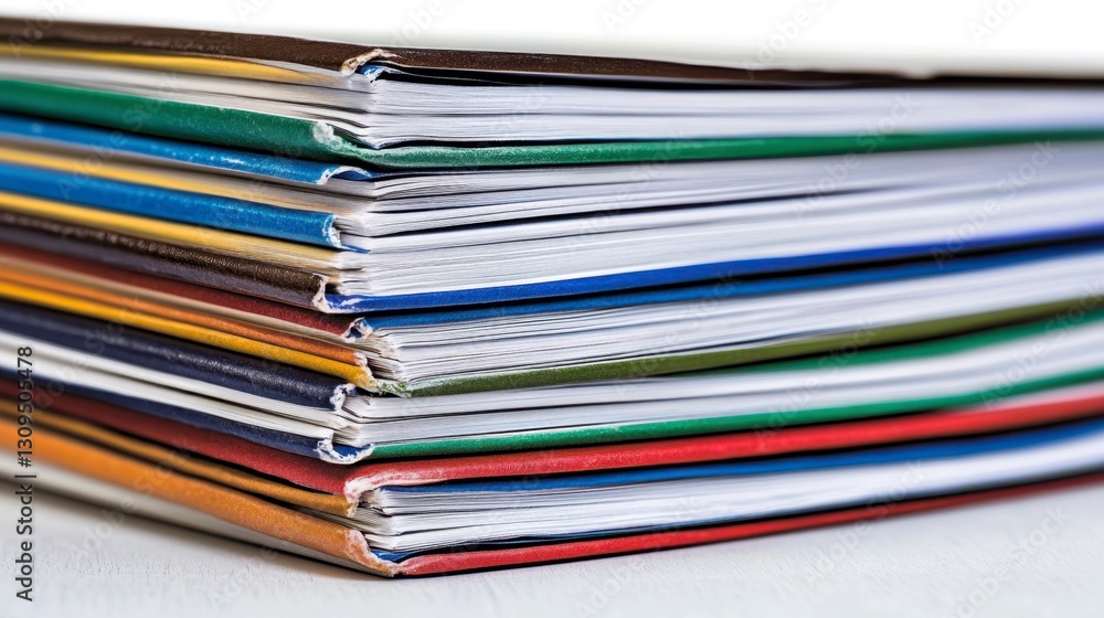 Poster a stack of colorful notebooks with different colored covers, closed and neatly arranged on a white b