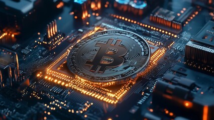 Hyper-realistic Bitcoin mining process with advanced AI monitoring, deep tech finance