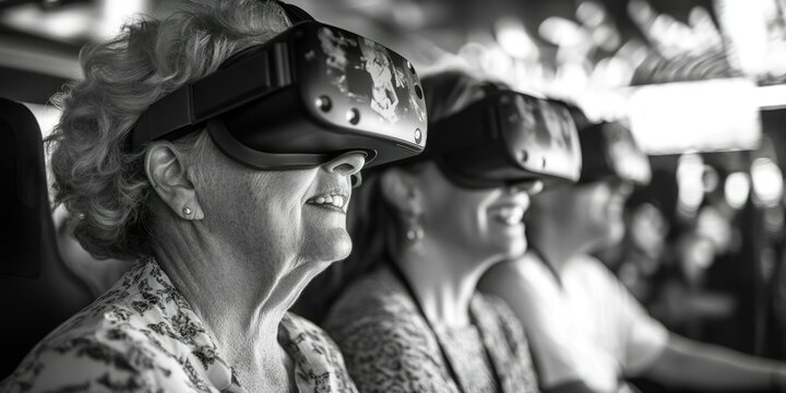 Group of seniors enjoying a shared virtual reality experience while seated, fostering connection and fun.