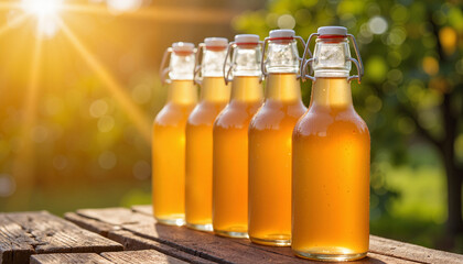 Homemade apple cider bottles lined on wooden table, autumn harvest