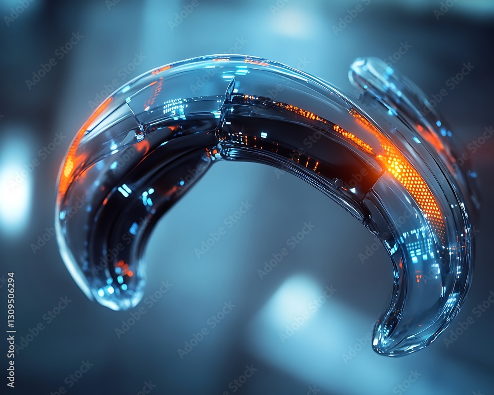 Poster a glowing curved transparent structure with digital components and lights