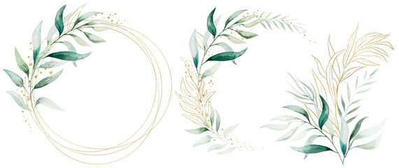 Golden frame and bouquets with watercolor pastel green leaves, isolated wedding illustration © katrinshine