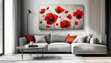 Modern living room interior design featuring a large painting of red poppies on a light gray wall, with a light gray sectional sofa and accent pillows.