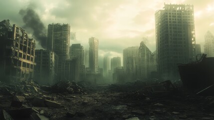 A post-apocalyptic city with ruined buildings in dramatic shades