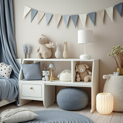 cozy children's bedroom with white shelf and plush toys