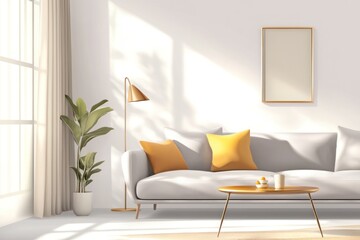 Modern living room interior design featuring a light gray sofa, mustard yellow throw pillows, a gold framed picture.