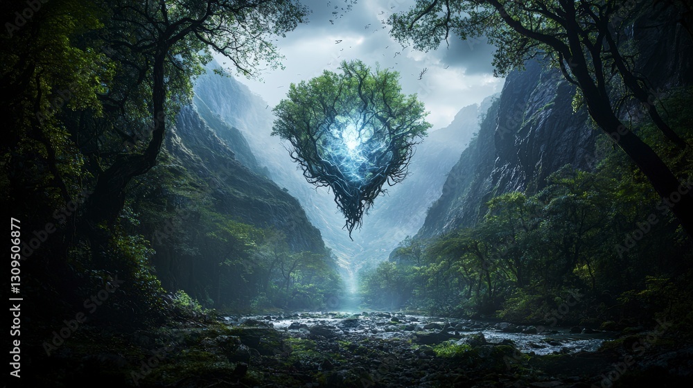 Poster celestial figure in vibrant forest nature landscape enchanted environment ethereal viewpoint mystica
