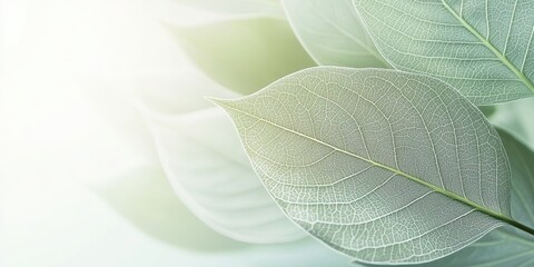 Obraz premium 3d background minimalistic mockup with space for text, detailed macro of fresh spring leaves with translucent veins illuminated by sunlight