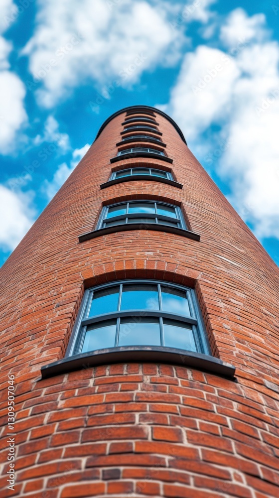 Aufkleber low angle view of a cylindrical brick building against a blue sky with fluffy white clouds. the buil
