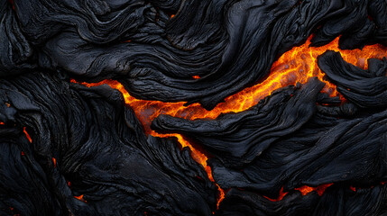Obraz premium Intense Orange Lava Flowing Through Cracked Black Volcanic Rock Surface