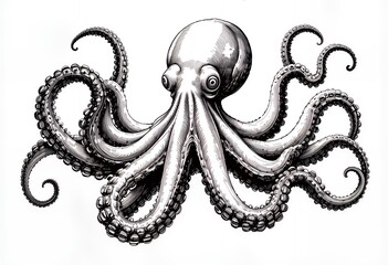 Detailed Octopus Illustration with Curled Tentacles in Black and White Ink