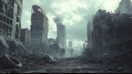 A post-apocalyptic city with ruined buildings in dramatic shades