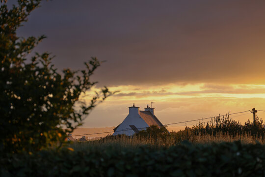 Sunset on a meadow with a cute cottage in Brittany, countryside