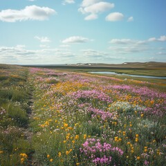 Fototapeta premium A vibrant field of blooming wildflowers stretches alongside a serene waterway under a bright blue sky with fluffy clouds.