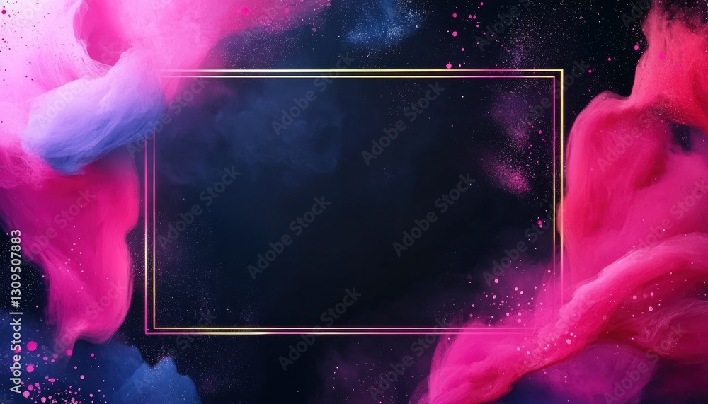 Poster abstract artwork of vibrant pink and blue powder clouds surrounding a golden rectangular frame on a 