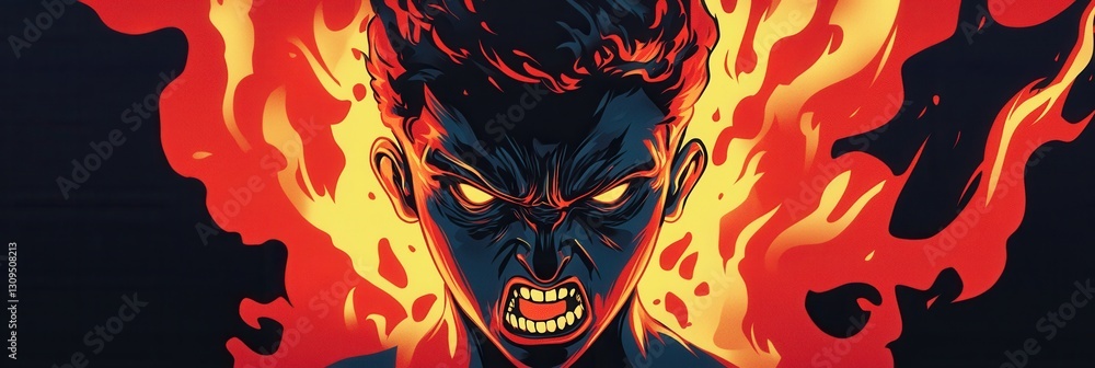 Poster intense expression of anger illustrated with flames in a bold red and black color palette during a t