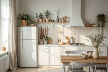 Fototapeta premium sunlit minimalist kitchen interior with white cabinets and potted plants