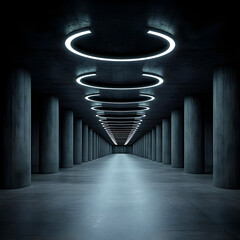 3D Abstract Background of Dark Hallway with Neon Rings