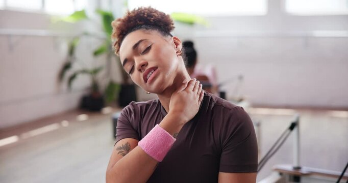 Woman, neck pain and injury with fitness at gym for muscle tension, sprain or bad pressure at health club. Active, female person or athlete with sore joint, ache or inflammation for physical strain