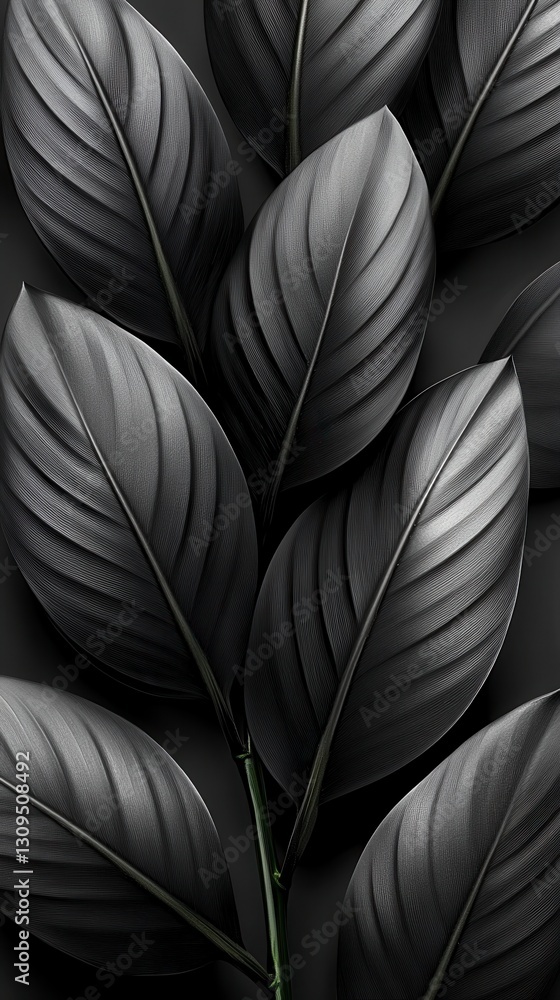 Poster dark gray leaves with visible texture arranged on a dark gray background. close up view showcasing t