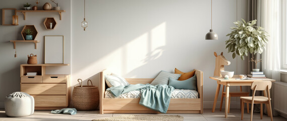light wood daybed with teal bedding in a sunlit child's room