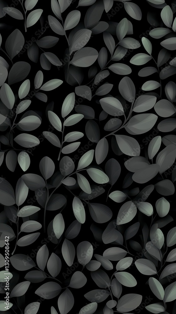 Poster dark grayscale pattern of overlapping leaves, creating a dense, textured background. the leaves vary