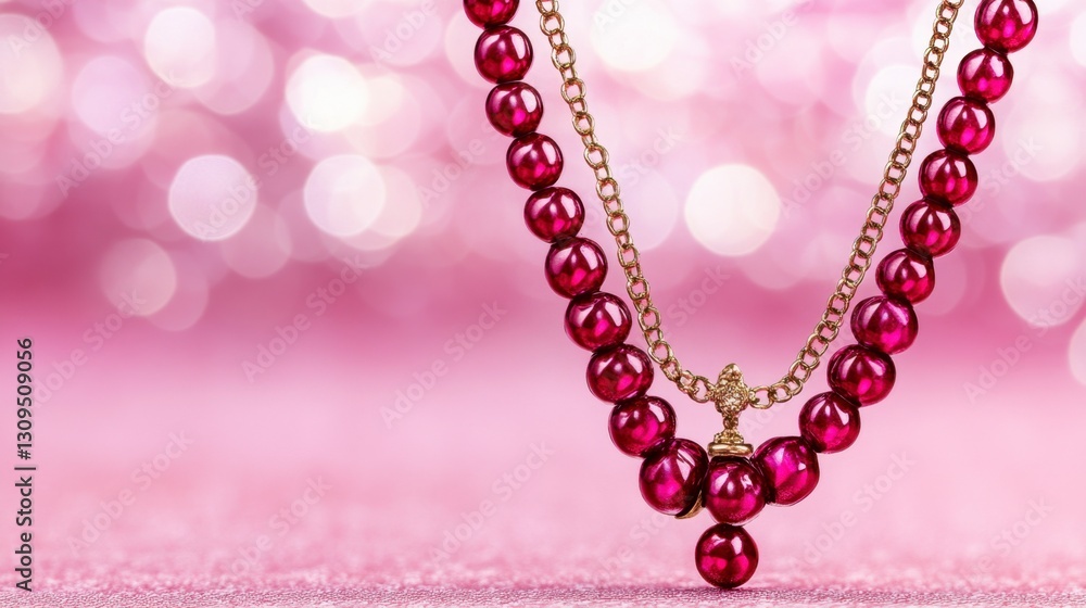 Poster close up of two necklaces with dark red beads and gold chains on a pink sparkling background. bokeh 