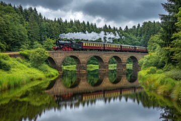 Fototapeta premium Vintage Steam Train Crossing Historic Stone Bridge Over Serene Water