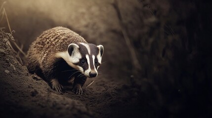 Obraz premium American badger poised to defend itself dark earth tones contrasting with soft light cinematic wildlife shot