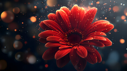 A vibrant red gerbera daisy blooms against a dark background, surrounded by glowing bokeh and scattered light specks.