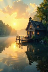 Fototapeta premium Golden sunlight illuminates a quaint cottage dock on a misty lake , peaceful, sunshine