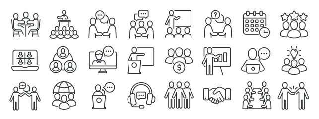 Set of collection line icons related meeting, workshop, seminar, teamwork. Editable stroke. Perfect pixel on transparent background