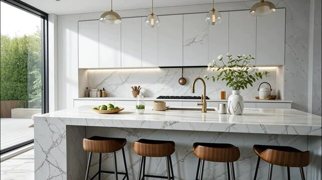 Modern Luxurious Kitchen with Marble Countertops, Elegant Lighting, and Stylish Bar Stools video 