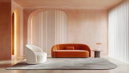 Modern living room interior design featuring an orange sofa and cream armchair,  with warm peach walls,  minimalist arched alcoves, and subtle lighting.