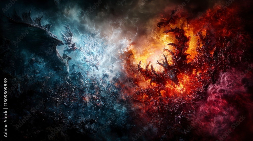 Aufkleber epic battle between gods and demons mythical realm digital art fantasy landscape dramatic split view