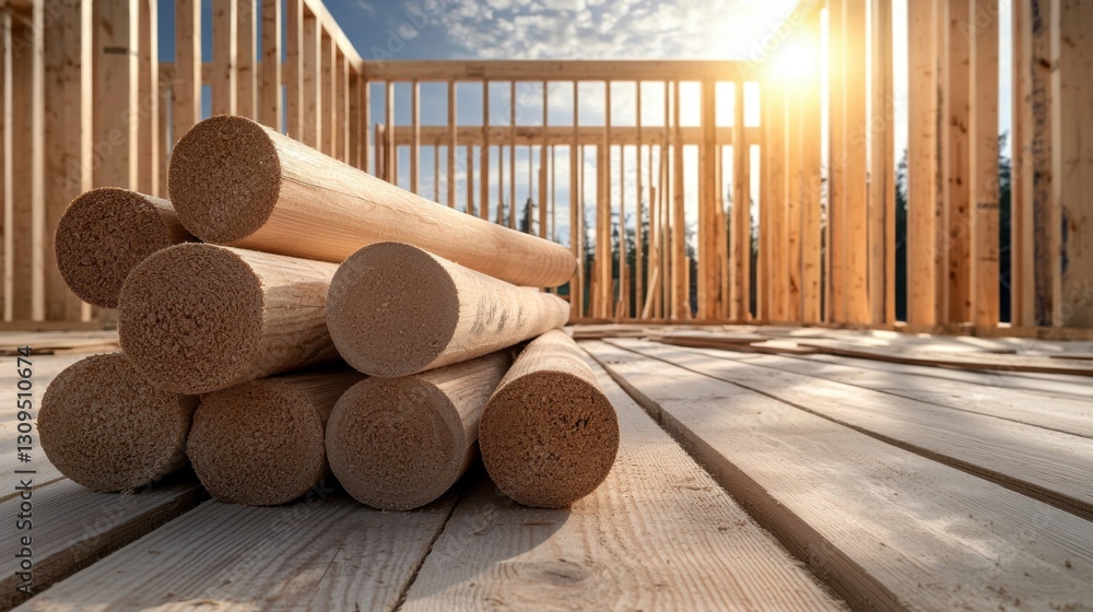 Poster neatly stacked lumber in foreground with a partially built wooden house frame in the background unde