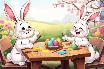 Drei fröhliche Osterhasen sitzen um einen Holztisch und bemalen bunte Ostereier. Jeder Hase hat einen einzigartigen Gesichtsausdruck. Der Hintergrund zeigt eine idyllische ländliche Szene.